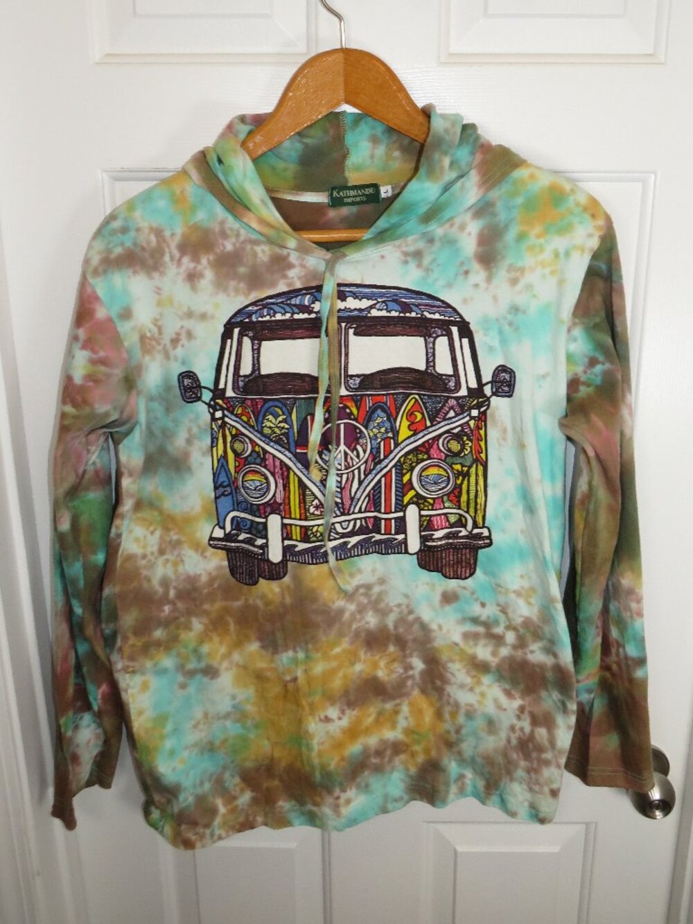 KATHMANDU IMPORTS Women's Tie Dye Hoodie T-Shirt Peace Van Boho Hippie Casual